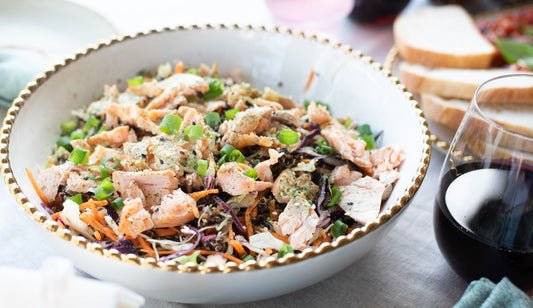 Quinoa, Edamame and Coleslaw Salad with Baked Salmon