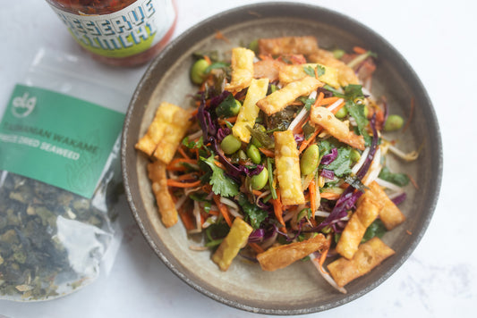 Crispy Wonton Salad with Kimchi and Wakame Dressing