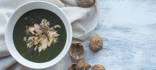 Creamy Potato, Purple Kale Soup with Smoked Trout