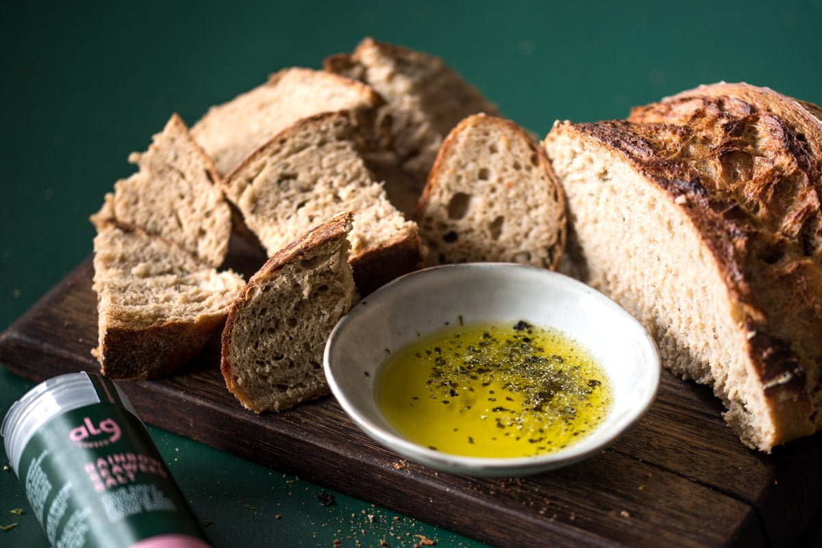 sourdough with seaweed salt on olive oil