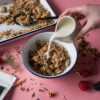 miso granola with seaweed and milk pouring