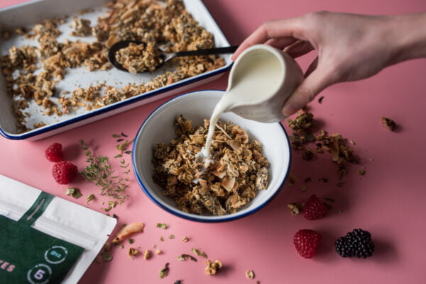 miso granola with seaweed and milk pouring