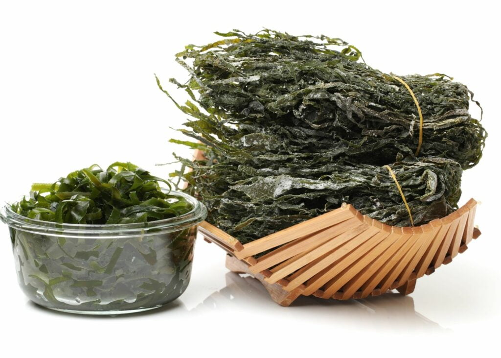 dried and wet green seaweed